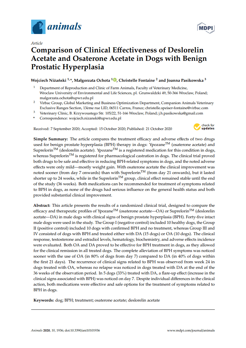 Comparison of Clinical Effectiveness of Deslorelin Acetate and Osaterone Acetate in Dogs with Benign Prostatic Hyperplasia